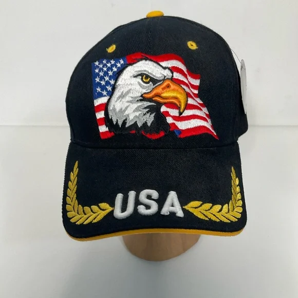 USA Men’s Embroidered American Flag Eagle Black Adjustable Closure Baseball Cap - Picture 14 of 14